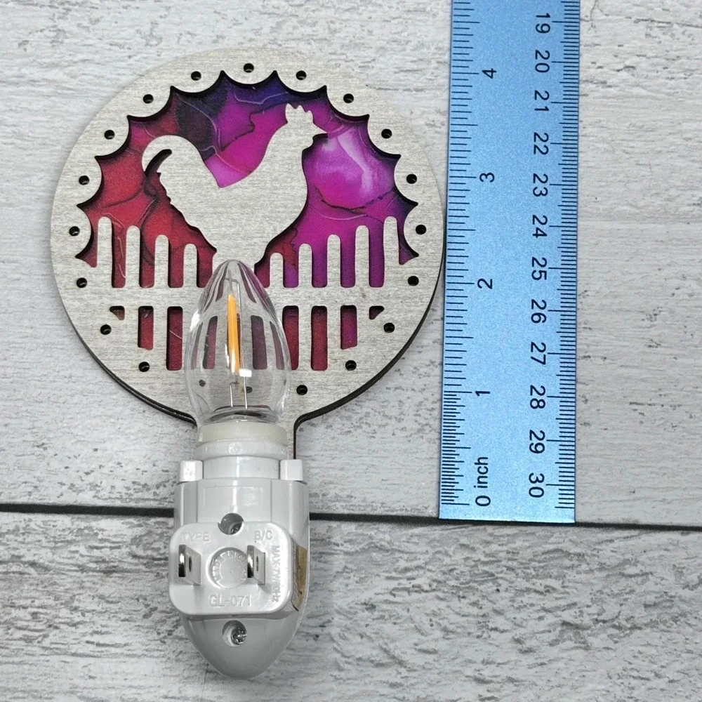 Rooster Handmade Night Light Alcohol Ink Purple Red Farmhouse Wall Plug-In - Picture 4 of 7